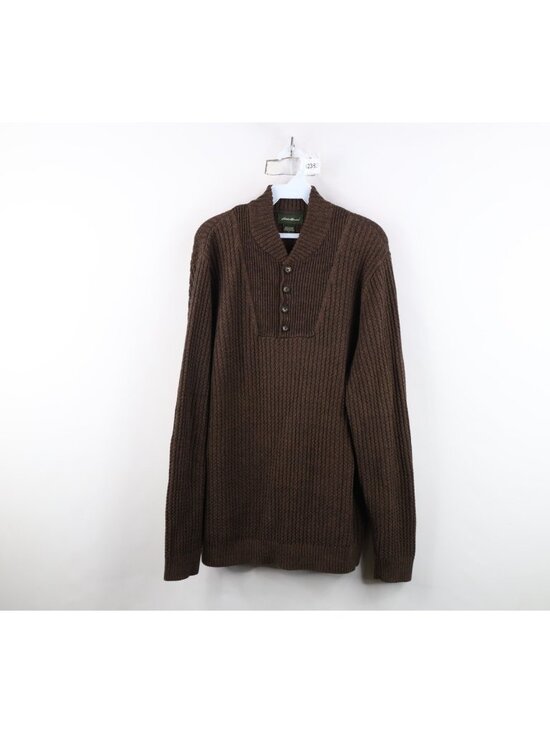 Vintage Eddie Bauer Mens Large Faded Cotton Ribbed Knit Henley Sweater Brown - Picture 1 of 12